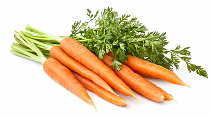 A bunch of fresh, vibrant orange carrots with their leafy greens, arranged on a white background.  Healthy eating and wholesome food.