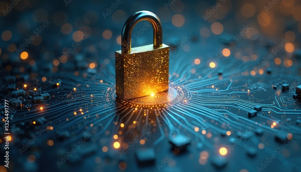 Poster Cybersecurity concept features lock on circuit board backdrop. Data safety image digital protection in healthcare, insurance, online services. Security abstract background with digital cyberspace,