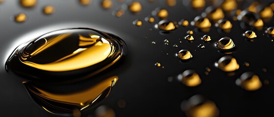A close-up of golden liquid droplets on a dark surface, showcasing their reflective properties and vibrant color.