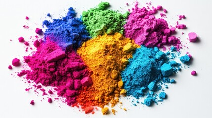 Holi-inspired paint powder scattered on a white background, holi colors, multicolored chaos, vibrant powder, colored pigments, chromatic splash