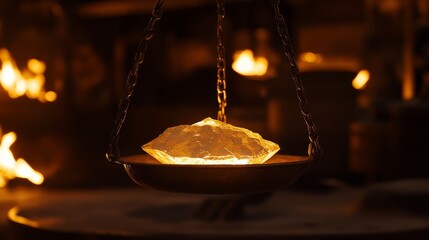 Shimmering Crystal on Antique Scale in Warm Workshop Light
