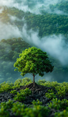 Lush green tree against misty backdrop. A vibrant green tree stands alone on a rocky surface surrounded by misty mountains and lush vegetation in daylight.