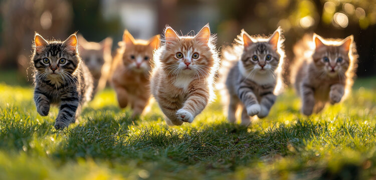 Kittens racing across a sunny lawn. Six playful kittens run joyfully over a green lawn in the afternoon sunlight, showcasing their energetic spirit.