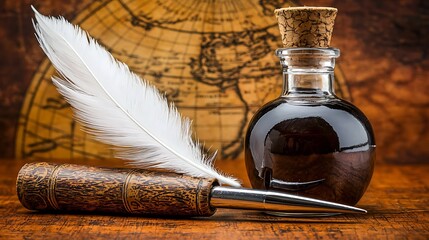 Antique quill, ink bottle, and feather on vintage map