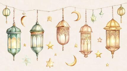 Watercolor Elegant lanterns, crescent moon, and stars creating a festive atmosphere for ramadan or eid al-fitr celebrations