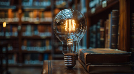 Retro bulb lights old books. A vintage light bulb shines brightly on a stack of old books in a cozy library setting, creating a warm ambiance.