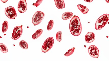 Falling identical pomegranate slices floating in the air isolated on white background