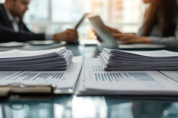 Business negotiation and competitiveness. Close-up of documents on a table during a business meeting with blurred figures in the background.