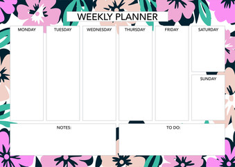Weekly planner template with florals. Abstract modern design. Blank printable sheet.