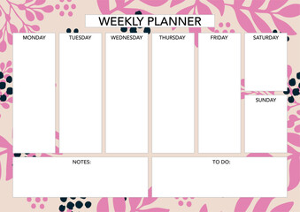 Weekly planner template with florals. Abstract modern design. Blank printable sheet.