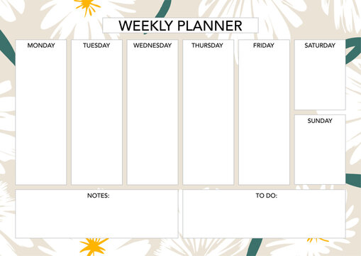 Weekly planner template with florals. Abstract modern design. Blank printable sheet.