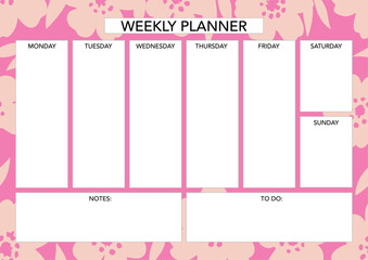 Weekly planner template with florals. Abstract modern design. Blank printable sheet.