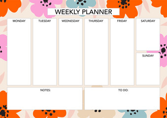 Weekly planner template with florals. Abstract modern design. Blank printable sheet.