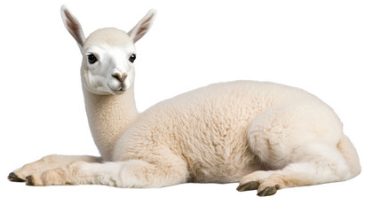Obraz premium A serene white alpaca lying down, showcasing its soft fur and calm demeanor on a transparent background.