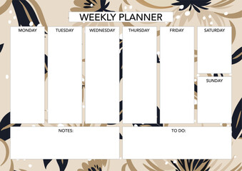 Weekly planner template with florals. Abstract modern design. Blank printable sheet.