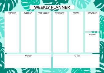 Weekly planner template with florals. Abstract modern design. Blank printable sheet.