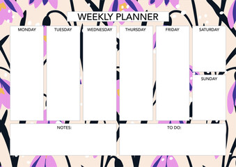 Weekly planner template with florals. Abstract modern design. Blank printable sheet.