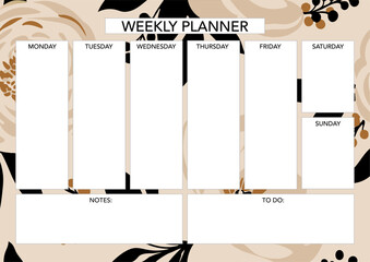 Weekly planner template with florals. Abstract modern design. Blank printable sheet.