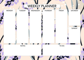Weekly planner template with florals. Abstract modern design. Blank printable sheet.