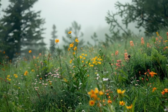 Vibrant wildflowers bloom in a misty landscape under soft light during early morning hours - Powered by Adobe