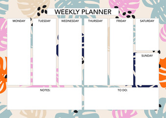 Weekly planner template with florals. Abstract modern design. Blank printable sheet.