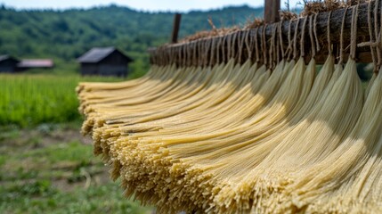 Fototapeta premium Strings of Dry Pasta Hanging in Rustic Outdoor Setting