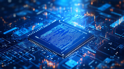 Fototapeta premium AI chip and stock market candlesticks in low poly wireframe tech blue. Stock market and artificial intelligence background. Forex and trade and AI microchip or processor bg. Vector Illustration. 