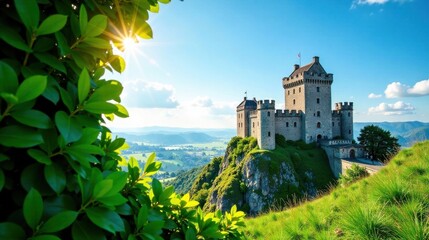 Majestic Hilltop Castle Basking in Sunlight, Surrounded by Lush Greenery and Offering Breathtaking Panoramic Views