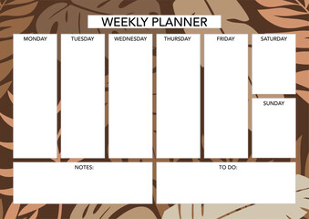 Weekly planner template with florals. Abstract modern design. Blank printable sheet.