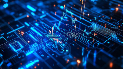 Obraz premium AI chip and stock market candlesticks in low poly wireframe tech blue. Stock market and artificial intelligence background. Forex and trade and AI microchip or processor bg. Vector Illustration. 