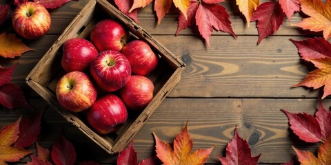Autumnal Abundance A Rustic Wooden Crate Filled with Ripe Red Apples Surrounded by Vibrant Fall Leaves on a Weathered Wooden Surface