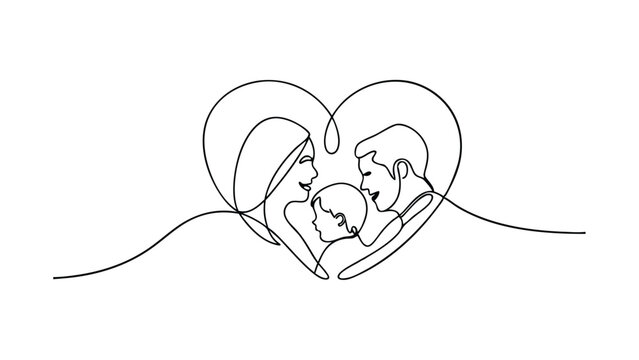 A singleline drawing depicts a loving family mother, father, and chidden closed within a heart shape, symbolizing family unity and affection.