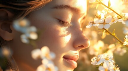 Fototapeta premium 92. A woman enjoying the fragrance of fresh spring flowers, her face bathed in warm sunlight, highlighting her serene smile
