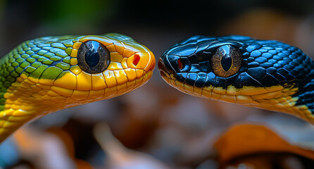 Obraz premium Vibrant snakes confronting in nature. Two brightly colored snakes sit close together, showcasing their vibrant hues amid lush foliage.