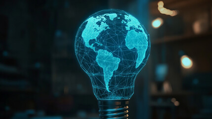 Earth inside a light bulb. Abstract Western hemisphere in blue. Digital Globe in polygon, lines and transparent shapes on dark background. Vector low poly wireframe illustration.
