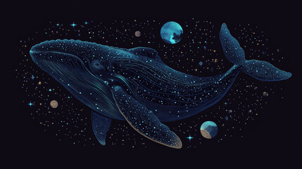 Fototapeta premium Blue whale in the form of a starry sky or space, consisting of points, lines, and shapes in the form of planets, stars and the universe. Large marine animal vector wireframe concept. Blue purple