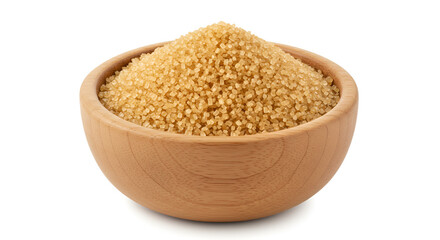 wooden bowl filled with fine brown sugar, isolated on a clean white background