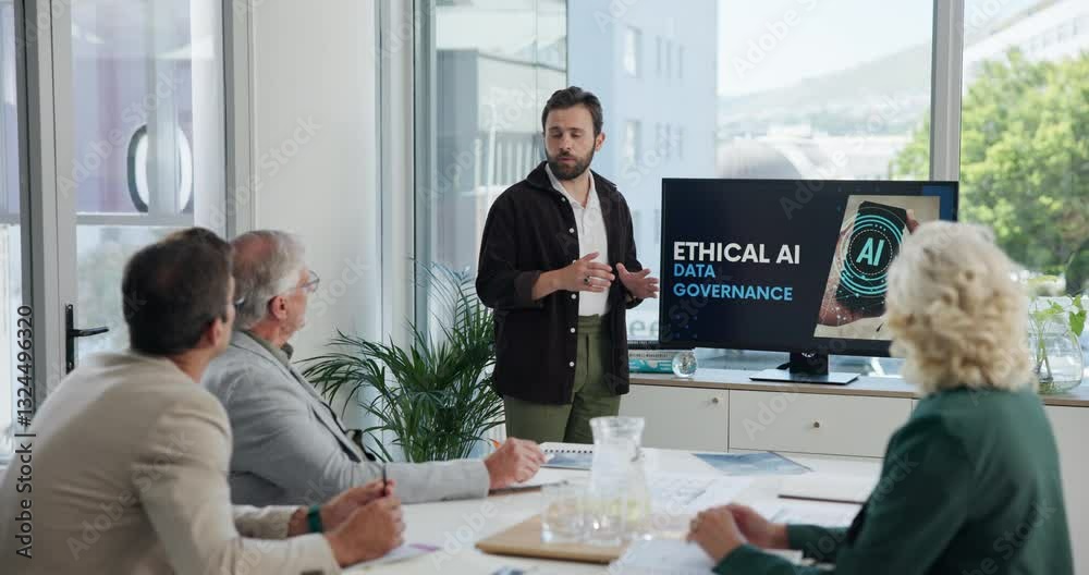 Poster man, presentation and screen for ai in boardroom for ethics, policy and copyright protection for llm