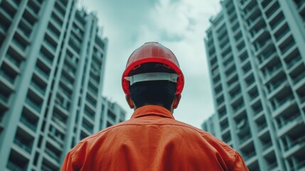 Construction Worker Inspects Apartment Building from Low Angle View
