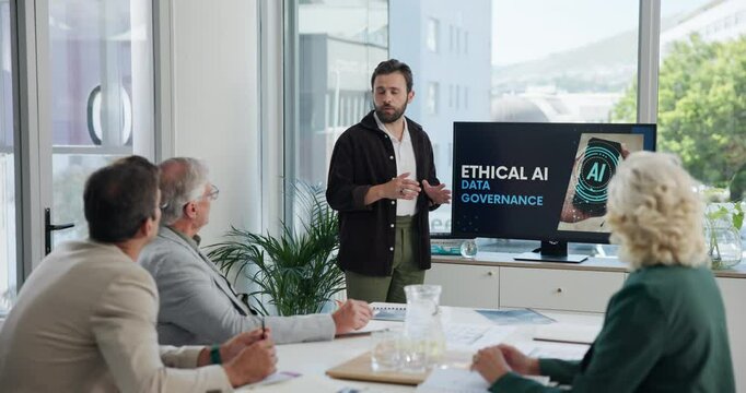 Man, presentation and screen for AI in boardroom for ethics, policy and copyright protection for LLM source data. Person, speaker and meeting for machine learning, software and listen at law firm