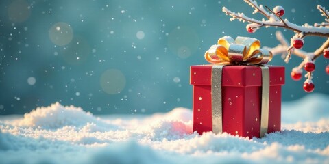 A festive red gift box adorned with a gold ribbon sits nestled in a blanket of fresh snow, surrounded by a winter wonderland scene with a snow-covered branch and falling snowflakes.