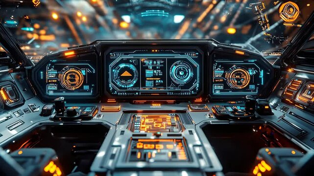 Futuristic spacecraft cockpit navigation through hyperspace with dynamic control panel displays