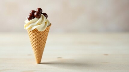 A delectable vanilla frozen dessert nestled in a crisp waffle cone, adorned with a delightful cluster of chocolate candies, rests elegantly on a light wooden surface.