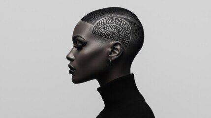 Bold modern buzz cut with intricate hair tattoos expressing style