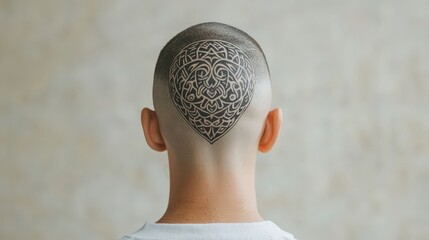 Bold modern buzz cut with intricate hair tattoos expressing style