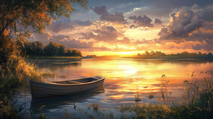 Boat at sunset with lettering. Summer vector illustration