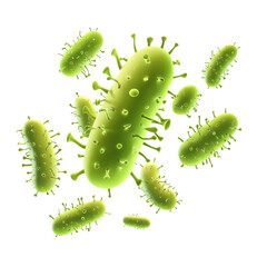 Fototapeta premium Microscopic Menace: A collection of vibrant, green bacteria, rendered in a detailed illustration, floats suspended in the air.