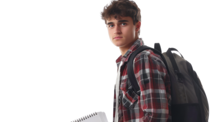 Young student carrying backpack and notebook walking on transparent background