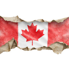 A torn canadian flag displaying distressed fabric and symbolizing division and conflict amidst a natural background isolated on a white background.