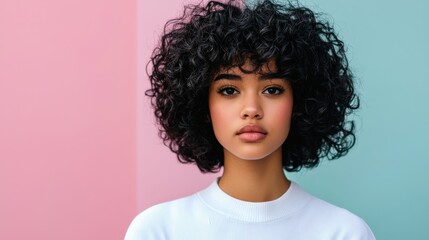 Stylish young woman with trendy hairstyle in modern setting